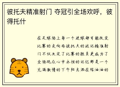 彼托夫精准射门 夺冠引全场欢呼，彼得托什